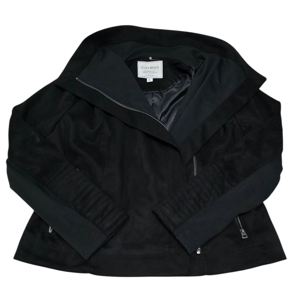 Lucky Brand Black Faux Suede‎ Moto Jacket Full Zip Fitted Asymmetrical Size L